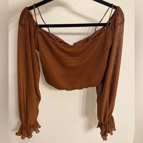 Zara Brown Pleated Long Sleeve Crop Top size-L - Picture 7 of 7